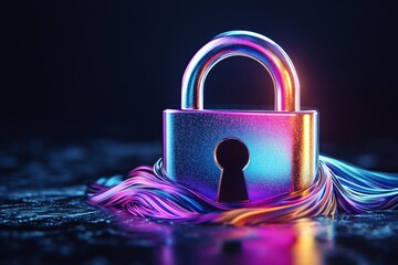 Canvas Print - Shiny rainbow padlock floating above an abstract background of colorful fluid lines symbolizing data encryption protection and online security in a creative tech inspired environment