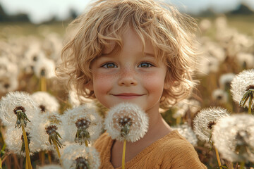 Poster - A little boy with a mischievous smile, holding a bouquet of dandelions, ready to blow the seeds.