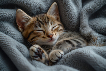 Poster - A kitten curled up in a soft blanket, peacefully sleeping with tiny paws stretched out.