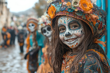 Sticker - A group of children dressed in skeleton costumes, laughing and playing in the streets as they celebrate DÃ­a de los Muertos.