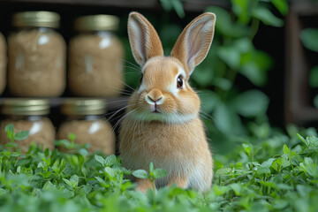 Wall Mural - A fluffy rabbit sitting in a patch of green grass, twitching its nose and looking curiously at the camera.