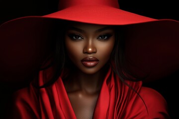 Portrait of a poised woman wearing a wide-brimmed red hat, highlighted by dramatic lighting, creating a sense of elegance and mystery in the image.