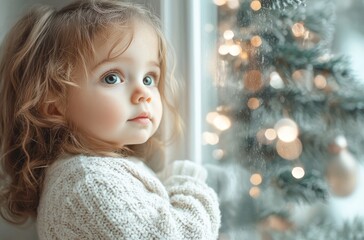 Portrait of a little child during christmas, looking at christmas tree and ornament, xmas, happy child during winter holidays, family moment, santa, magic, childhood, decoration and ornament