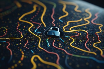 Wall Mural - glowing blue padlock embedded in a swirling digital network of yellow circuits symbolizing data encr