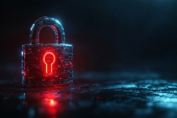 Wall Mural - red illuminated padlock on a reflective surface surrounded by smoke representing data encryption pro