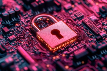Wall Mural - copper red padlock embedded in a complex pink circuit board representing encryption data protection 