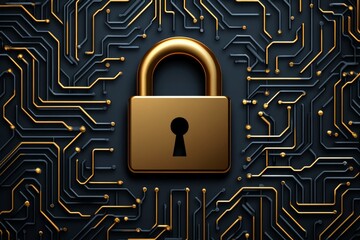 Wall Mural - golden padlock on a black circuit board pattern symbolizing encryption data security and protection 