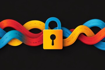 Wall Mural - yellow padlock surrounded by vibrant intertwined blue and red waves symbolizing encryption data secu