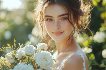 Sticker - A bride holding a bouquet of white roses, standing in a garden with a radiant smile on her face.