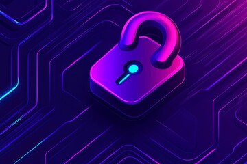 Wall Mural - neon purple padlock floating on a grid of interconnected circuitry representing encryption data prot