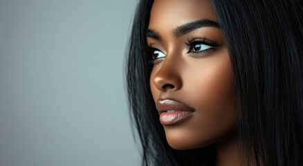 A close-up portrait of a beautiful black woman with long shiny hair and make-up . Haircare, beauty and cosmetics concept.