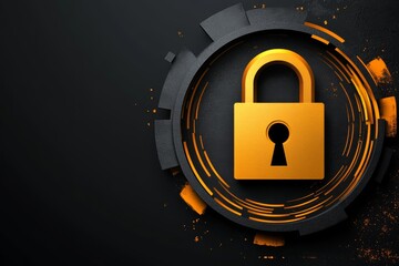 Wall Mural - metallic gold padlock encircled by abstract orange and black mechanical shapes symbolizing encryptio