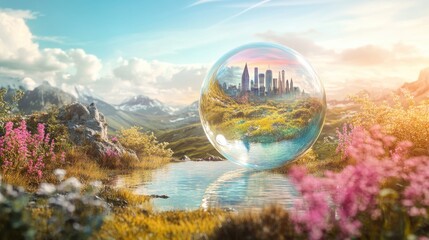 Wall Mural - A stunning wild nature scene with a floating bubble in the water, reflecting iconic global landmarks in celebration of World Water Day