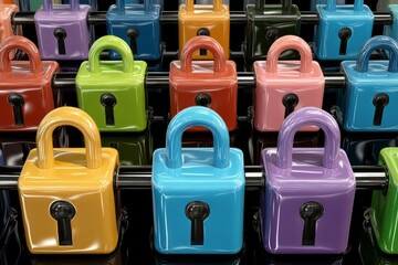 Canvas Print - Rows of multicolored padlocks in a tech grid symbolizing encryption data security and cybersecurity in a vibrant creative design