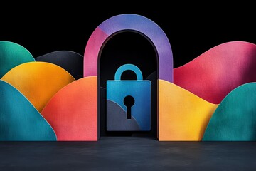 Wall Mural - bold abstract landscape with a blue padlock symbolizing encryption security and data protection in a