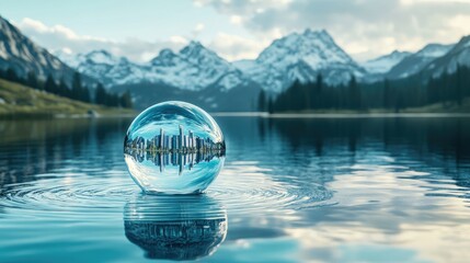 Wall Mural - A stunning wild nature scene with a floating bubble in the water, reflecting iconic global landmarks in celebration of World Water Day