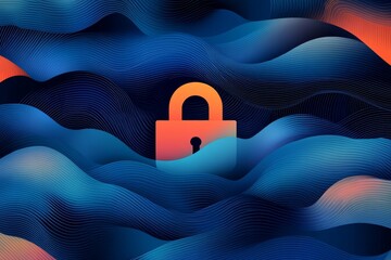 Poster - Red padlock floating in abstract waves of blue and red symbolizing data protection encryption and security in a dynamic tech inspired environment