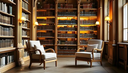 Charming library interior with wooden bookshelves, soft lighting, a majestic chair, and a cozy study ambiance