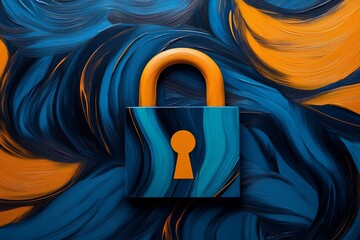Wall Mural - orange padlock embedded in a vibrant swirl of blue and orange abstract waves symbolizing encryption 