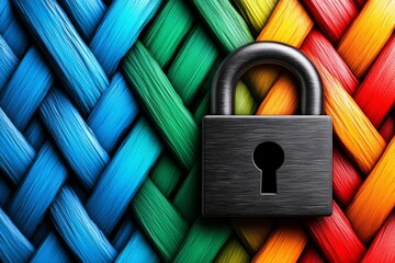 Wall Mural - black metallic padlock on woven multicolored ropes representing encryption data protection and secur