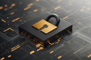 Wall Mural - black padlock on a sleek black surface with glowing edges representing encryption data security and 
