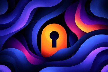 Wall Mural - black and orange padlock floating on abstract waves representing data security encryption and protec