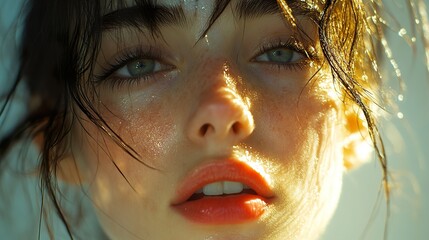 Close-Up Portrait of a Woman with Green Eyes and Wet Hair