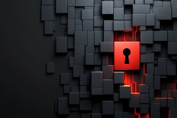 Wall Mural - red padlock embedded in black cubes representing encryption data protection and cybersecurity in a h