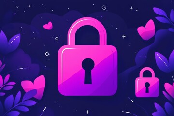 Wall Mural - large purple padlock with foliage elements in a digital vibrant environment showcasing data protecti