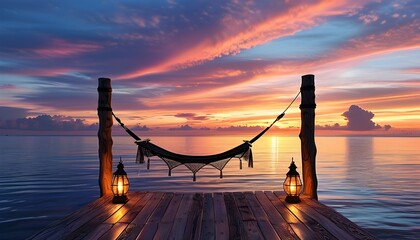 Wall Mural - Tranquil sunset from a wooden dock with a hammock, glowing lanterns, and vibrant sky above a peaceful ocean