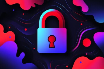 Wall Mural - bold red and blue padlock floating on an abstract digital background with neon accents representing 