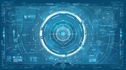 Futuristic digital interface featuring circular patterns, glowing elements, and intricate data displays, representing advanced technology and cybersecurity themes.