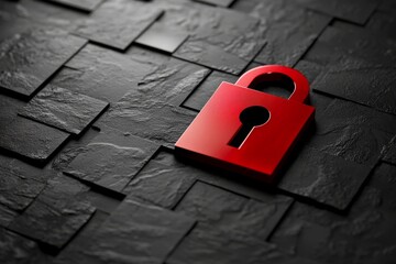 Wall Mural - minimalist red padlock lying on dark textured tiles representing cybersecurity encryption and data p