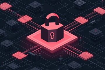 Wall Mural - pink and black digital circuit with glowing padlock showcasing encryption data protection and cybers
