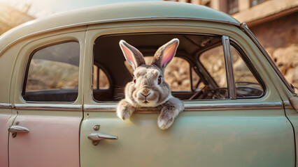 A cute rabbit looking out of the car generative ai