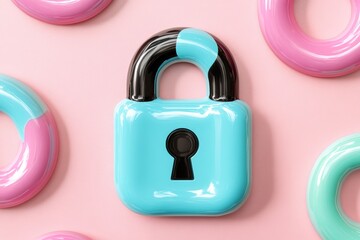Wall Mural - pink and turquoise padlock with bubble accents on a glossy surface symbolizing data security and enc