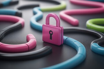 Wall Mural - pink metallic padlock resting on a dark abstract background with colorful tubes representing data pr