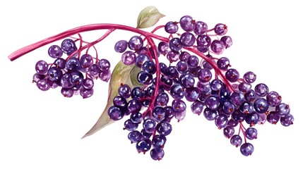 Wall Mural - A watercolor illustration of a bunch of fresh elderberries, each with a detailed texture and deep purple color, isolated on white background.
