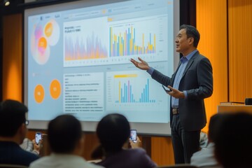 Aufkleber - An expert delivers a dynamic presentation on data analysis, utilizing vibrant charts to engage and inform the audience during the conference. Generative AI