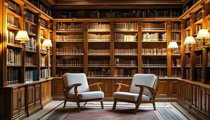 Charming library interior with wooden bookshelves, soft lighting, a majestic chair, and a cozy study ambiance