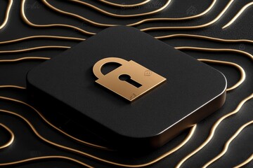 Canvas Print - Gold lock floating on an abstract black wave design representing data security and encryption in a modern tech driven environment