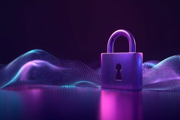 Wall Mural - glowing purple padlock resting on a wavy digital landscape symbolizing encryption data security and 