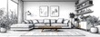 © Five Million Stocks - Line interior home art room design illustration outline sketch furniture. Home line sofa interior house doodle continuous lineart one office lamp chair decor hand living table apartment background,