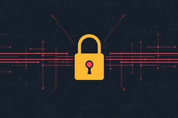 Wall Mural - yellow padlock floating within intersecting red neon lines on a black background symbolizing secure 