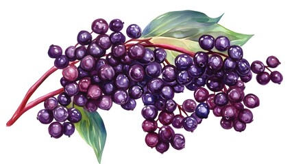 Wall Mural - A watercolor illustration of a bunch of fresh elderberries, each with a detailed texture and deep purple color, isolated on white background.
