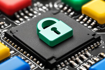 Wall Mural - light green padlock resting on a colorful motherboard representing encryption data security and mode