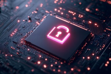 Wall Mural - Glowing pink padlock on a futuristic microchip representing encryption cybersecurity and data security in a tech driven digital landscape