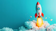 © Achira22 - Colorful illustration of a rocket launching into space, with people observing from clouds and a ladder, showcasing exploration and innovation.