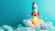 © Achira22 - Colorful illustration of a rocket launching into space, with people observing from clouds and a ladder, showcasing exploration and innovation.