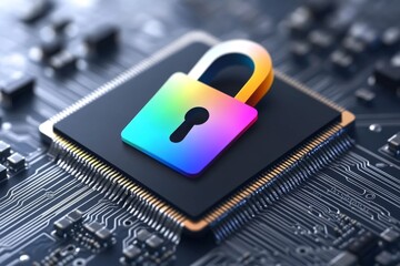 Sticker - A glowing multicolored padlock resting on a digital circuit board symbolizing data security encryption and cybersecurity in a tech driven landscape